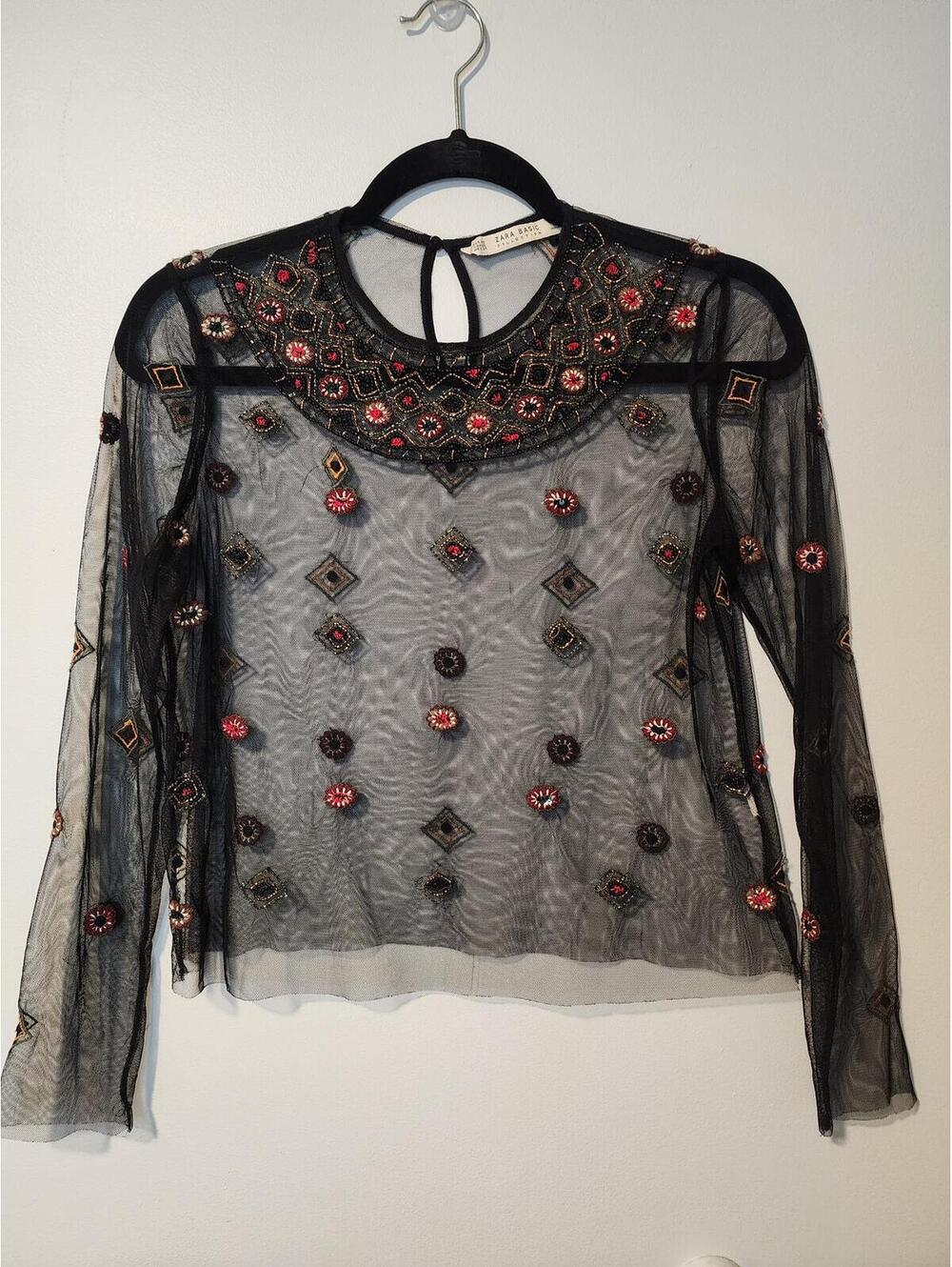 Zara Basic Black Sheer Embellished Long Sleeve Mesh Top XS